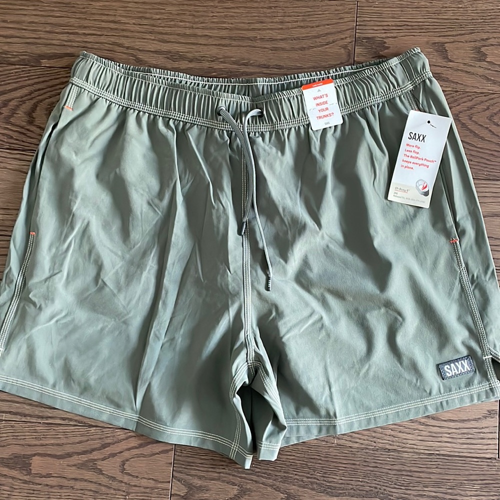 SAXX Oh Buoy 5” swim trunks, relaxed fit with slim fit liner. Color grey.